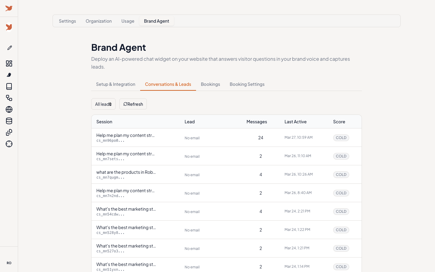 Brand Agent conversations and leads dashboard