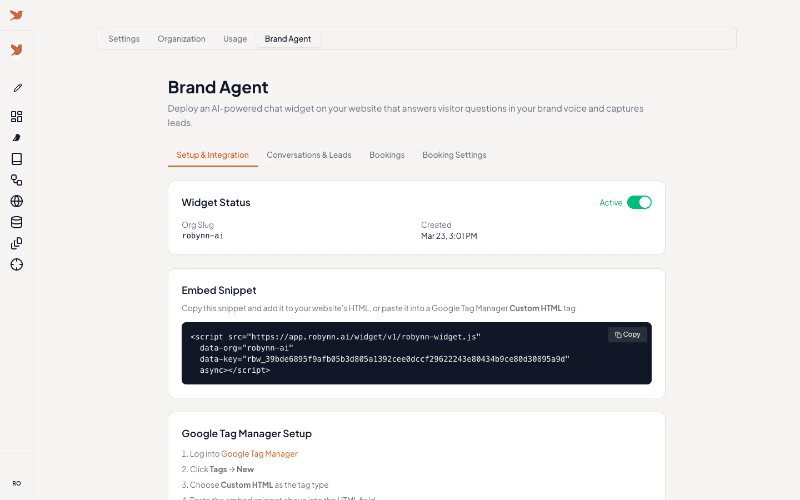 Brand Agent setup and conversations dashboard