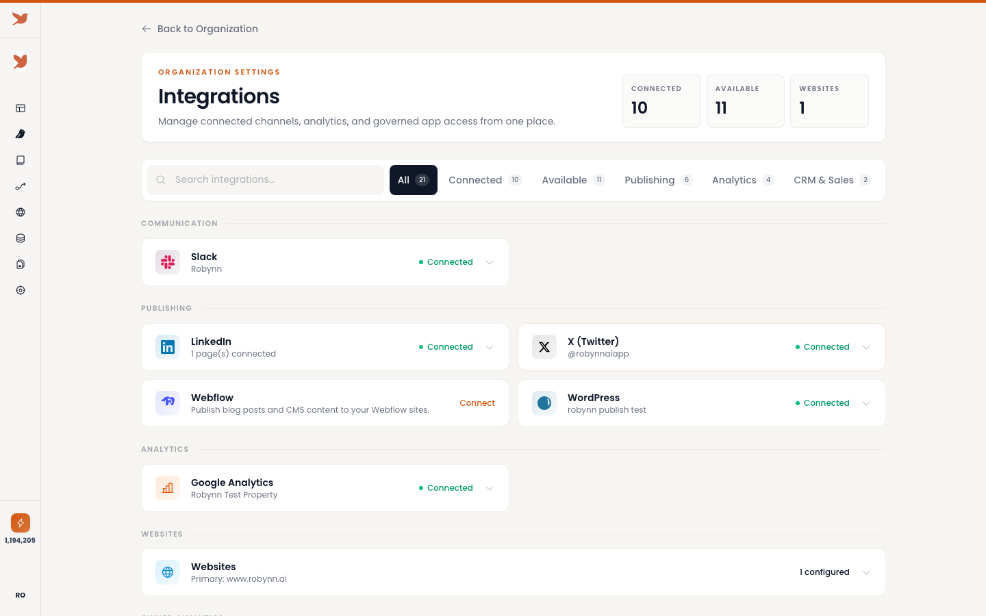 Redesigned Integrations management experience in Robynn
