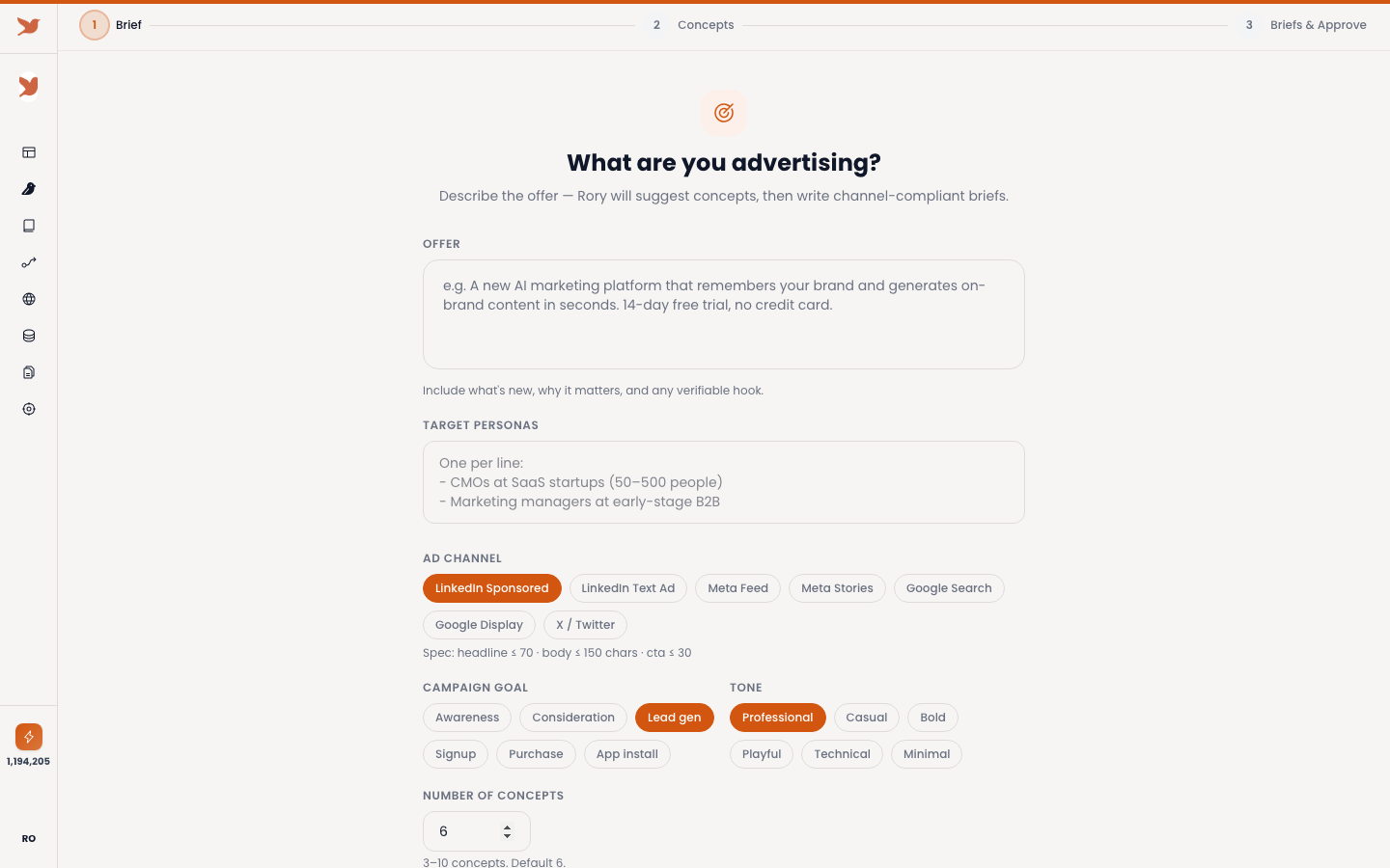 Ad Creative wizard in Rory — Brief step with offer, target personas, channel, tone, and concept count