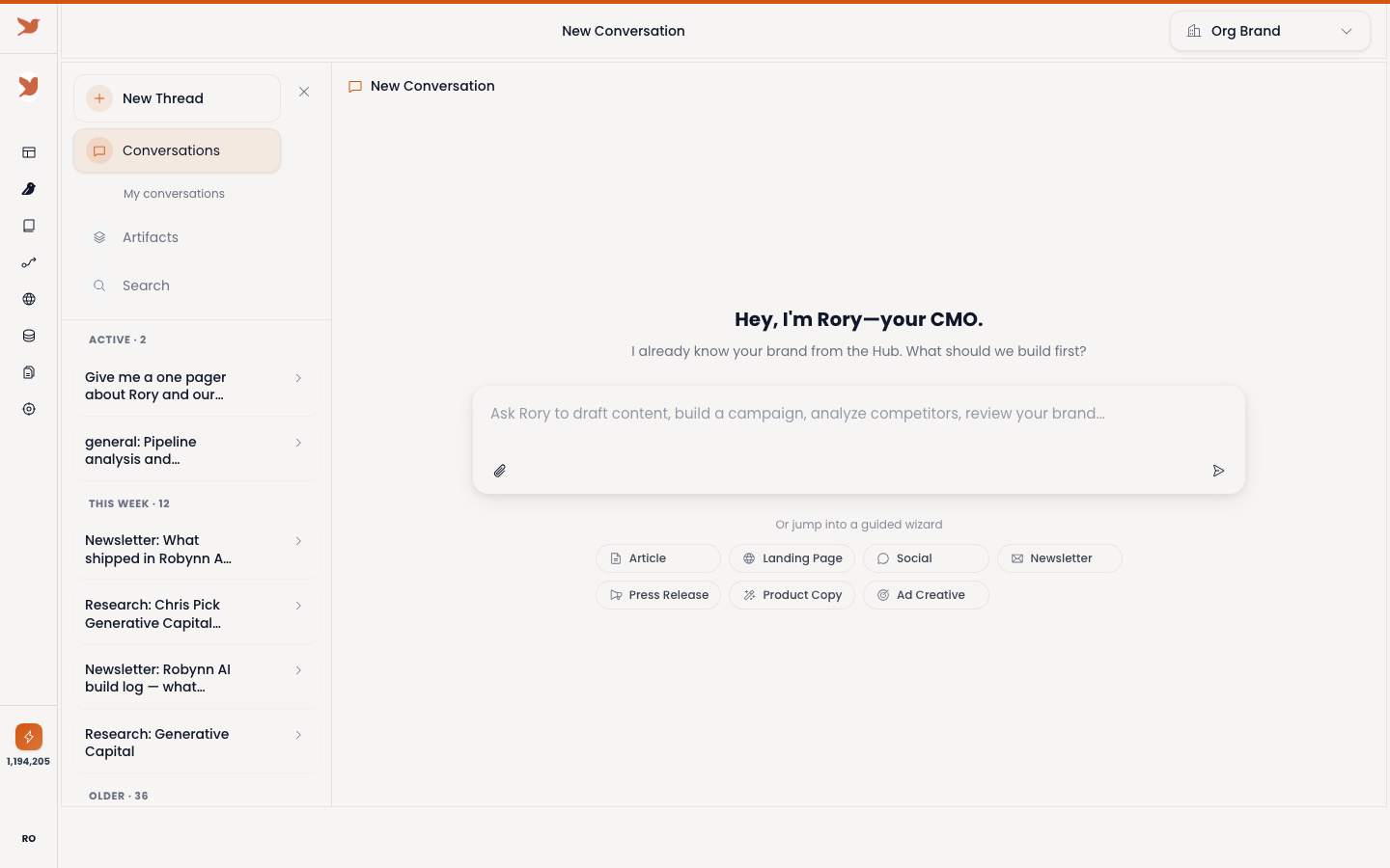 Rory empty state with a row of guided wizards: Article, Landing Page, Social, Newsletter, Press Release, Product Copy, Ad Creative