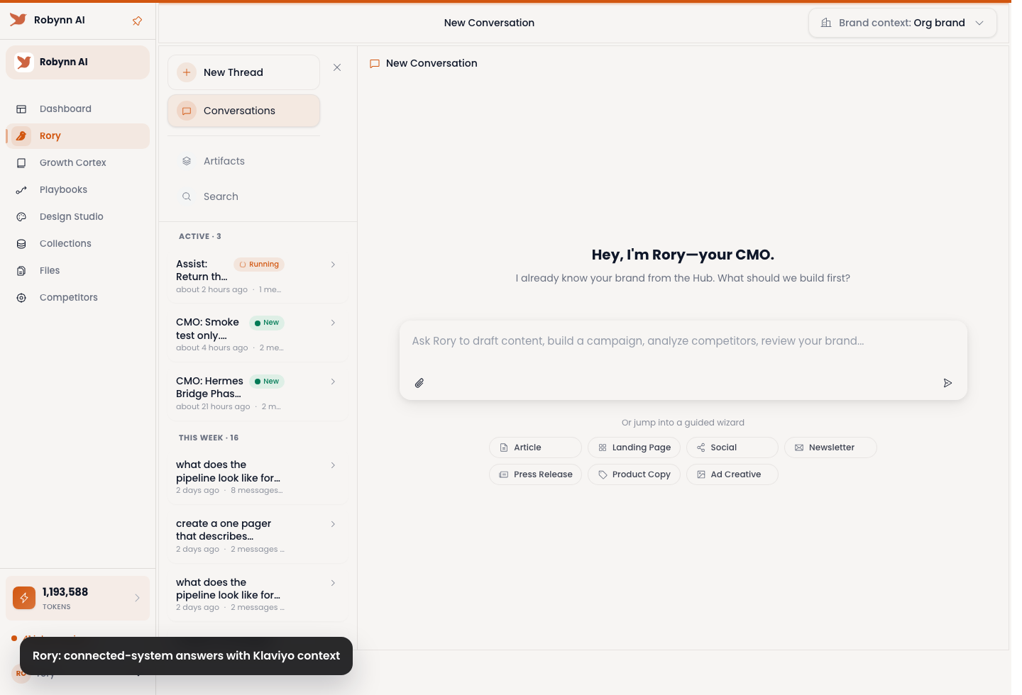 Robynn Rory workflow showing connected-system marketing context