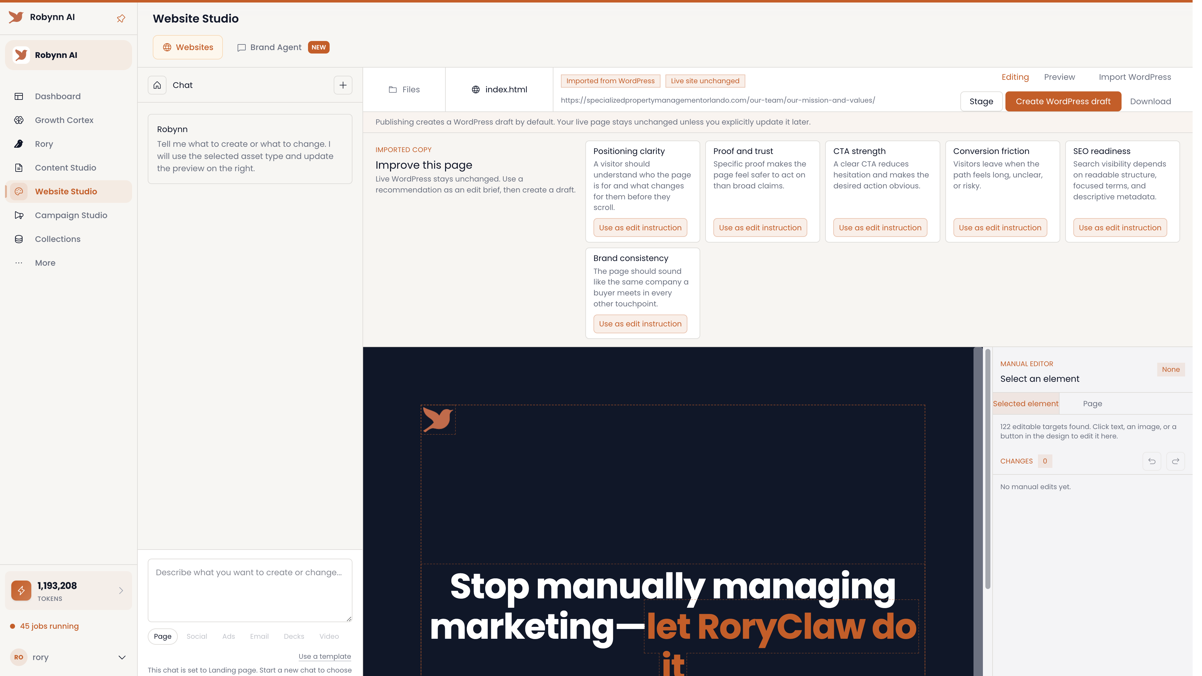 Robynn Website Studio floating click-to-edit prompt on a live page preview