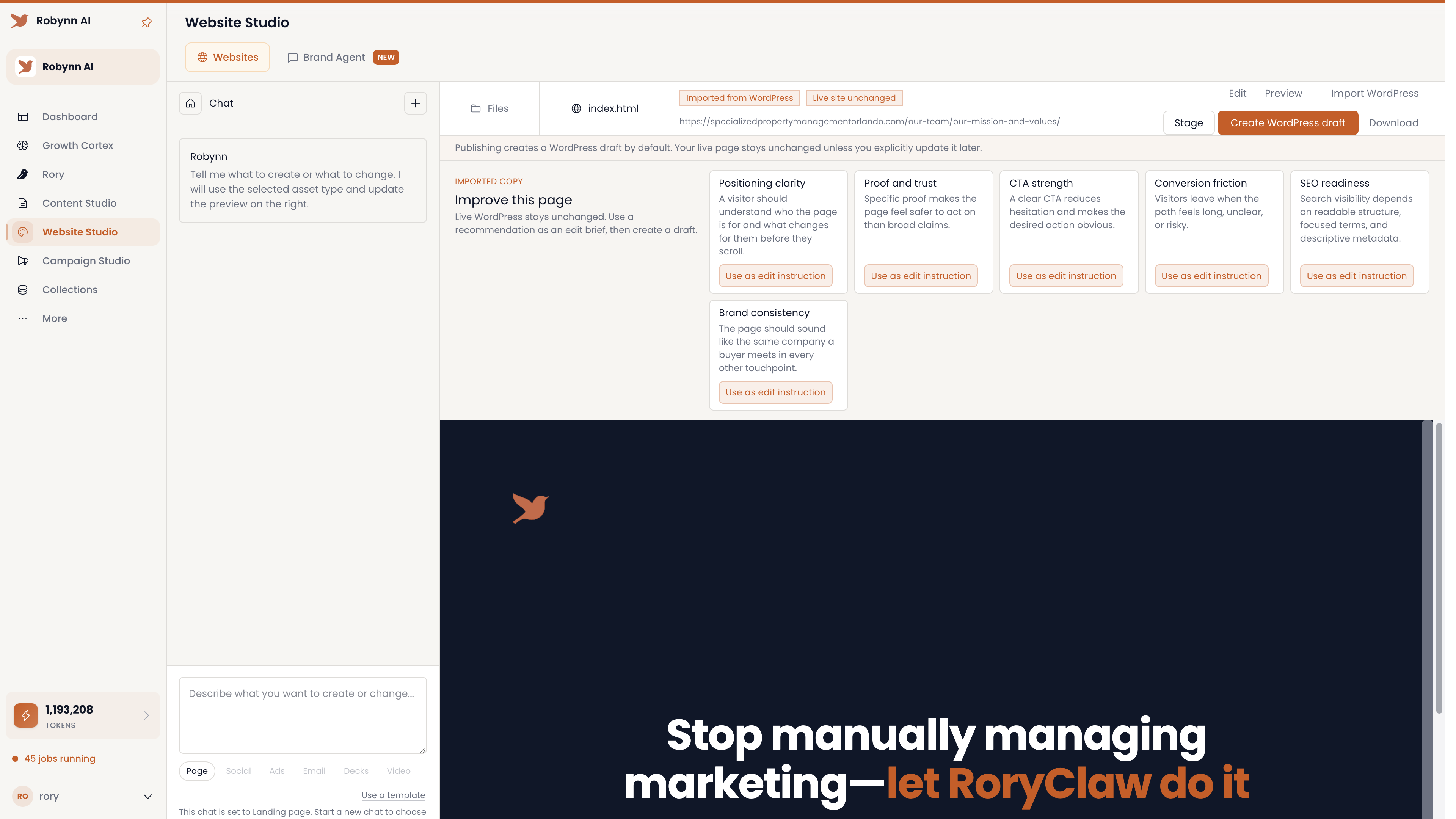 Robynn Website Studio editor with full-width live page preview and minimal toolbar