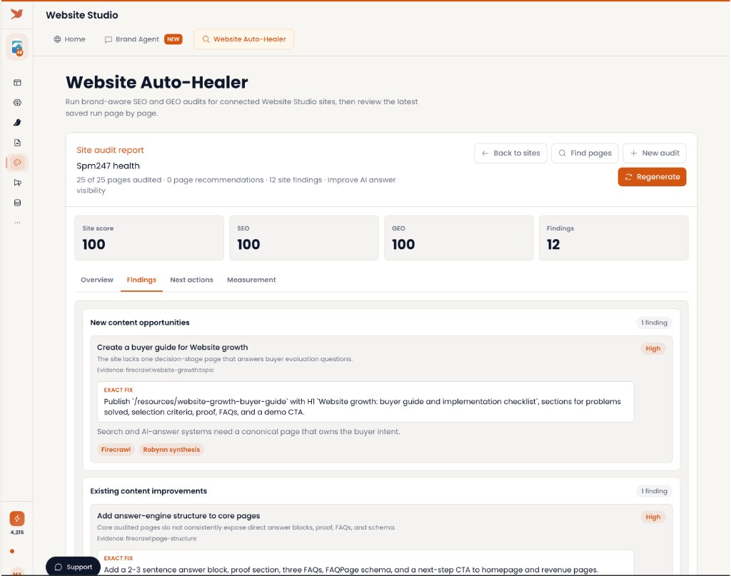 Robynn Website Auto-Healer audit report with site score, SEO, GEO, findings, and exact fixes