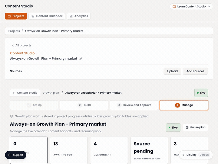 Screen recording of a Robynn Content Studio growth plan with campaign work items on a monthly calendar