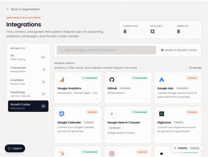Screen recording of the Robynn redesigned integrations catalog with a connected Google Search Console data source