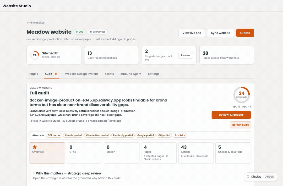 Screen recording of Robynn Website Studio Audit tab showing site health, AI access, and actionable recommendation lanes