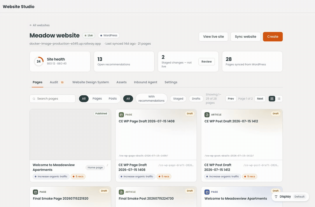 Screen recording of Robynn Website Studio site hub for a live WordPress site with pages, recommendations, and staged changes